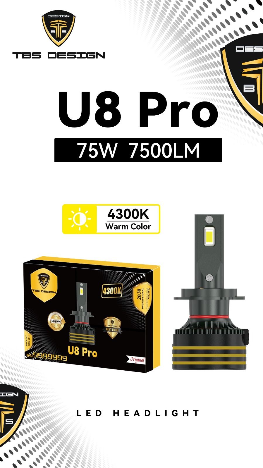 هدلایت لامپ خودرو تی بی اس دیزاین مدل U8 pro رنگ آفتابی فابریکی پایه H۷ بسته دو عددی
